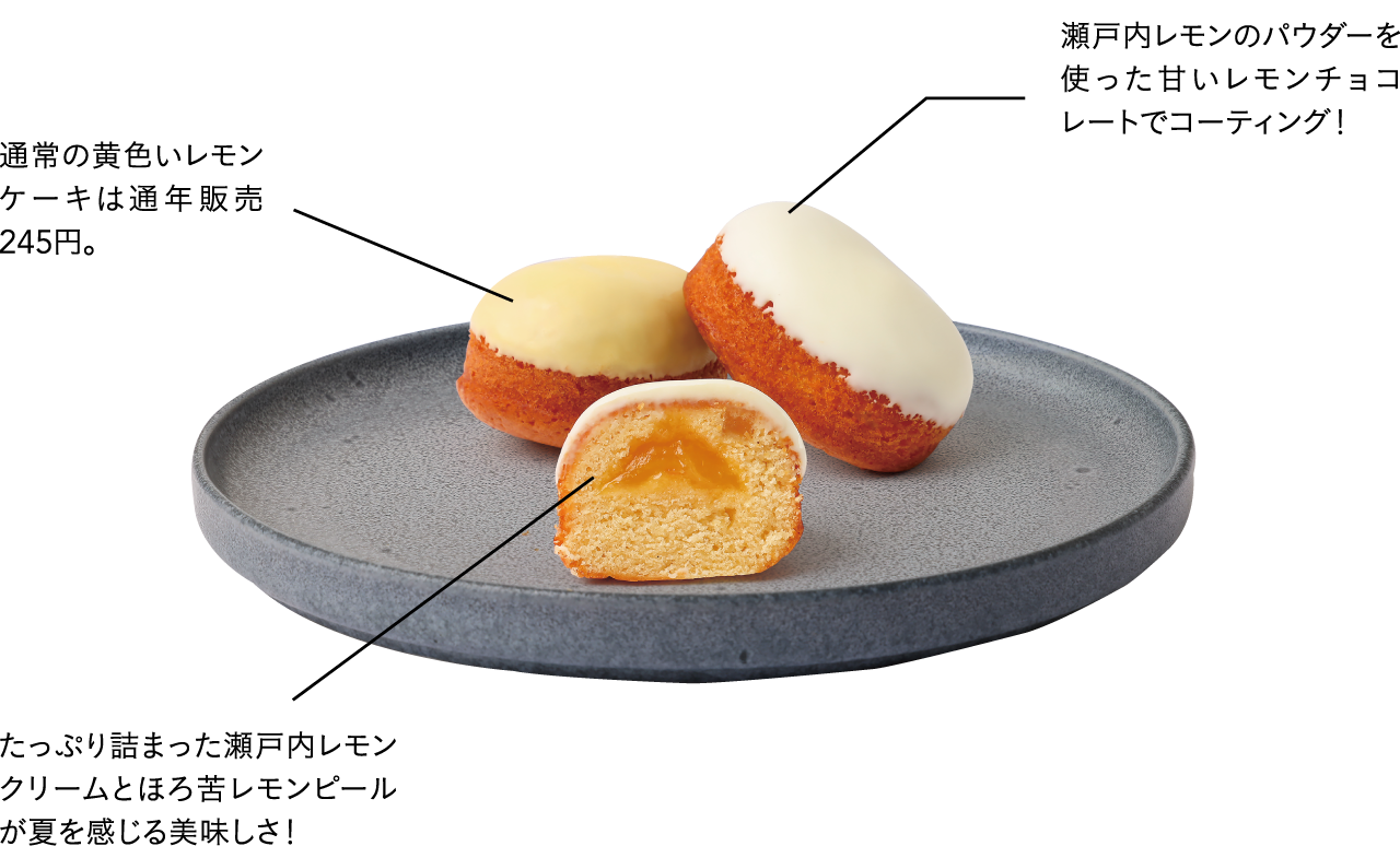 瀬戸内レモンのパウダーを使った甘いレモンチョコレートでコーティング!たっぷり詰まった瀬戸内レモンクリームとほろ苦レモンピールが夏を感じる美味しさ!通常の黄色いレモンケーキは通年販売245円。