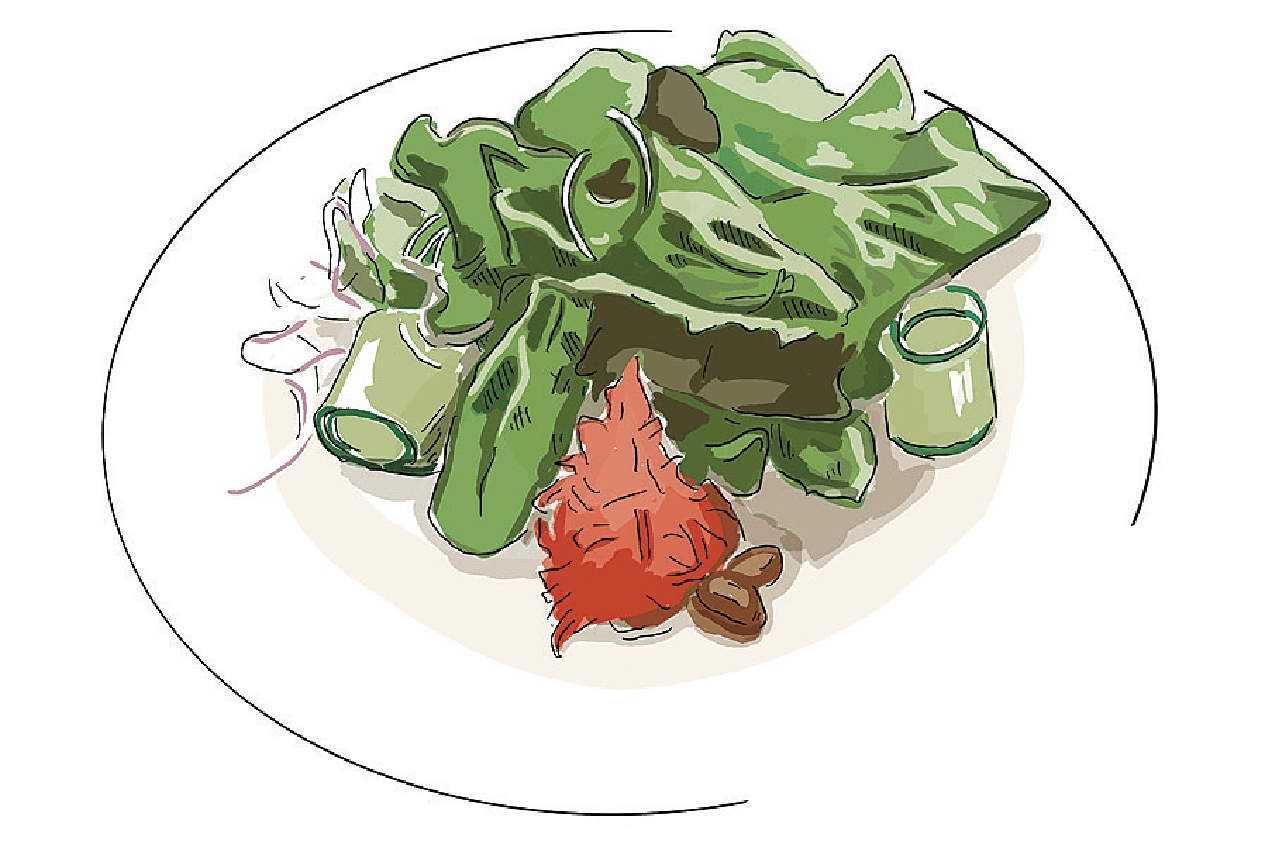 キャロットラペが添えられたサラダとスープのイラスト